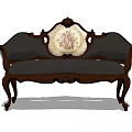 Classic Two Seater Sofa With Carved Wooden Frame Dark Upholstery And Floral Decorative Pillow