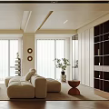 Modern Minimalist Living Room Interior With Beige Sofa Wooden Flooring And Large Windows