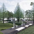 Modern Park Landscape With Green Trees White Walls And Paved Seating Area