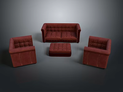 Red Leather Sofa Set With Armchairs Ottoman And Stitch Detail 3d model