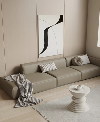 Beige Three Seater Sofa In Living Room With Cushions Artwork And Coffee Table 3d model
