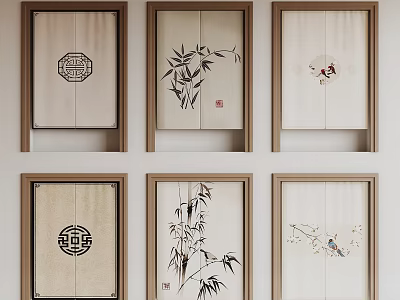 Traditional Chinese Decorative Paintings With Bamboo Birds And Classic Patterns In Frames 3d model