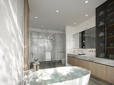 Modern Bathroom Interior With Circular Bathtub Large Mirror Marble Walls And Wooden Cabinets 3d model