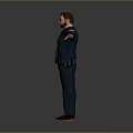Man in dark blue uniform with badge wearing sunglasses and belt standing with arms outstretched
