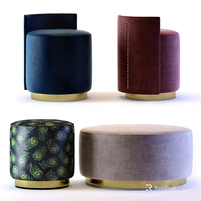 Modern Velvet Bar Stools in Navy Burgundy Peacock Print Light Grey Upholstery with Gold Base 3d model 