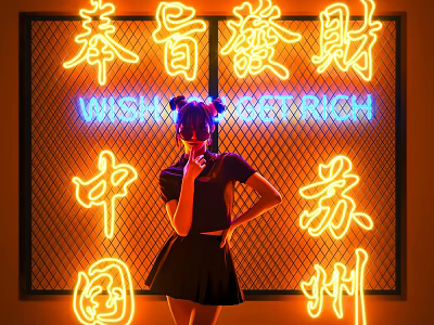 Neon Decorative Lights with Chinese and English Letters for Vibrant Wall Backdrop Decoration 3d model