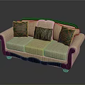 Beige Three Seater Sofa With Dark Wooden Frame And Patterned Striped Cushions