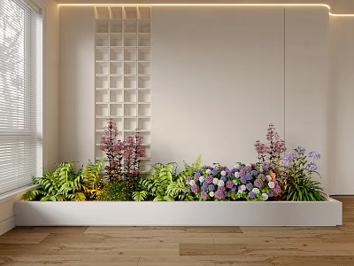 Indoor Garden Decor With Various Green Plants And Colorful Flowers In White Planter 3d model