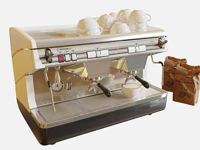 Kitchen Coffee Machine With White Cups And Brown Paper Bag 3d model