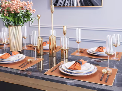 Elegant Dinnerware Set With Golden Accents Wine Glasses And Orange Napkins On Marble Dining Table 3d model