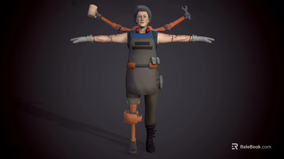 Character With Mechanical Arms Leg in Overalls Standing With Tools Hammer Wrench Headphones Dark Background 3d model 