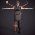 Character With Mechanical Arms Leg in Overalls Standing With Tools Hammer Wrench Headphones Dark Background