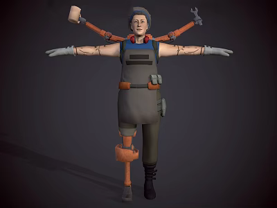 Character With Mechanical Arms Leg in Overalls Standing With Tools Hammer Wrench Headphones Dark Background 3d model
