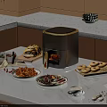 Modern Kitchen Countertop With Air Fryer Cooking Crispy French Fries Bagels And Fresh Bread
