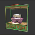 Wooden Display Cabinet With Glass Door Holding Ancient Artifacts And Carved Bottom Drawers