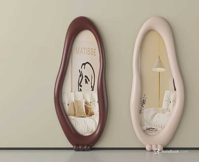 Unique Shaped Mirrors With Brown And Beige Frames Reflecting Stylish Bedroom Interior 3d model