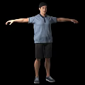 Man in blue polo shirt black shorts sports shoes with arms outstretched against black background