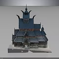 Traditional Wooden Building With Blue Roof Spires And Carved Details On Pedestal Base