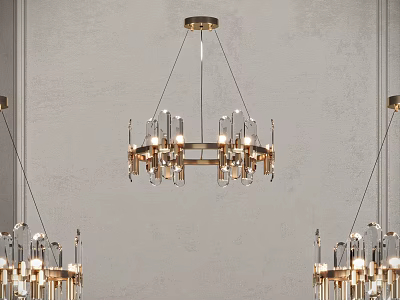 Modern Gold Metal Chandelier With Transparent Glass Elements Hanging From Ceiling In Gray Wall Space 3d model