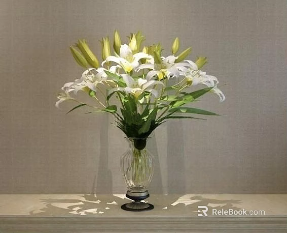 White Lilies With Yellow Buds In Transparent Glass Vase And Green Leaves On Tabletop 3d model 