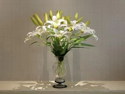 White Lilies With Yellow Buds In Transparent Glass Vase And Green Leaves On Tabletop 3d model