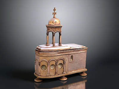 Vintage Religious Brass Casket With Dome Cross Arched Windows And Decorative Feet 3d model
