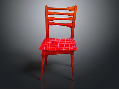 Stylish Red Wooden Chair With Slat Back Design And Red Grid Pattern Seat 3d model