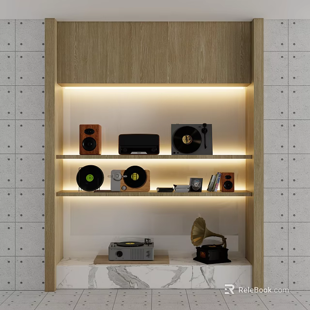 Headphones and Speakers Display On Wooden Shelf With Vinyl Records And Gramophone 3d model 