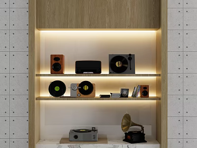 Headphones and Speakers Display On Wooden Shelf With Vinyl Records And Gramophone 3d model