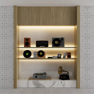Headphones and Speakers Display On Wooden Shelf With Vinyl Records And Gramophone 3d model