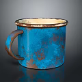 Vintage Blue Mug with Rusted Design White Rim Worn Handle on Dark Background