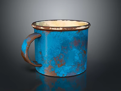 Vintage Blue Mug with Rusted Design White Rim Worn Handle on Dark Background 3d model