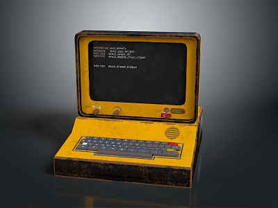 Vintage Open Laptop With Yellow Brown Case Keyboard And Screen Display Text 3d model