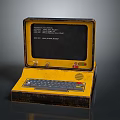 Vintage Open Laptop With Yellow Brown Case Keyboard And Screen Display Text