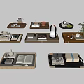 Stylish Decorative Trays With Household Items Including Tea Sets Books And Plants