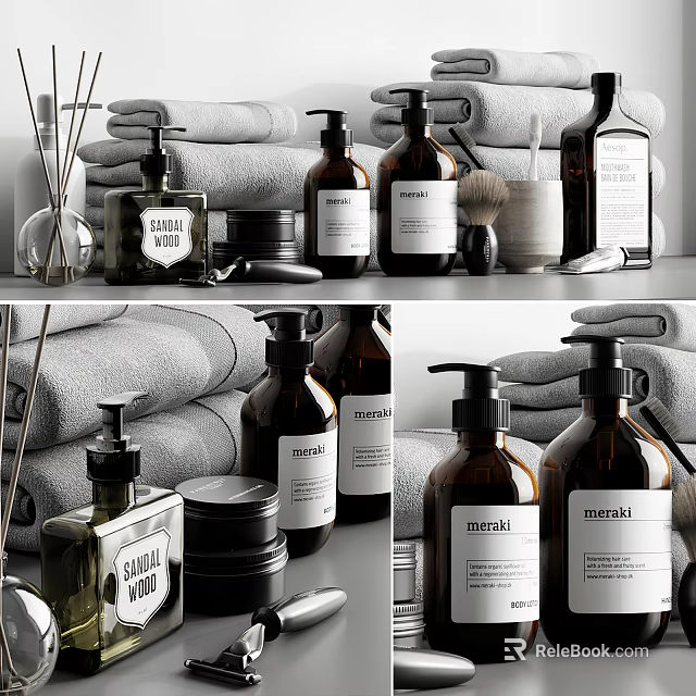 Stylish Modern Bathroom Accessories With Bottles Towels Soap Dishes And Reed Diffusers 3d model 