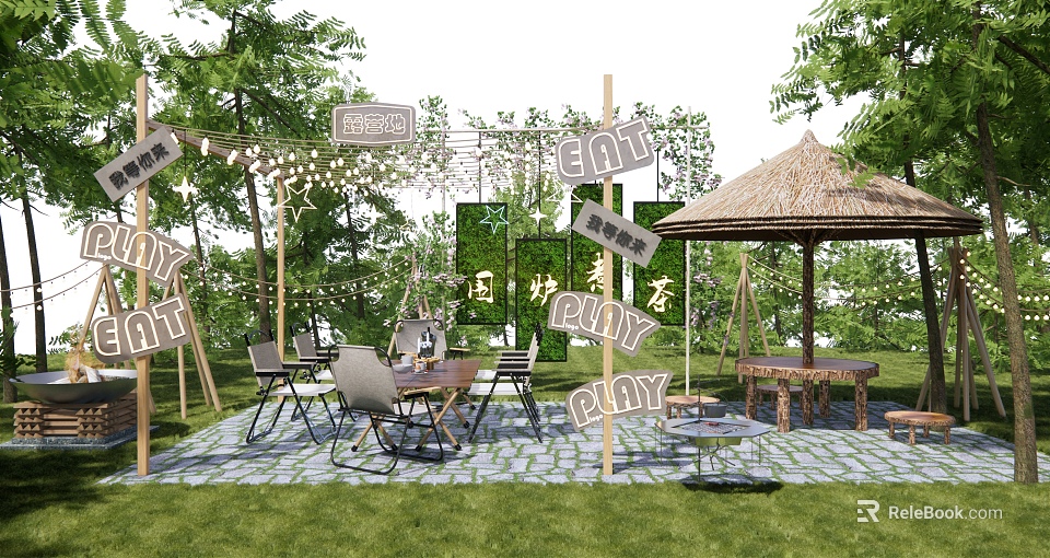 Camping Site With Outdoor Trees Tables Chairs Straw Umbrella String Lights And Eat Play Area 3d model 