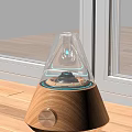 Modern Electronic Appliance With Transparent Cone Design Blue Glowing Lines And Wooden Base