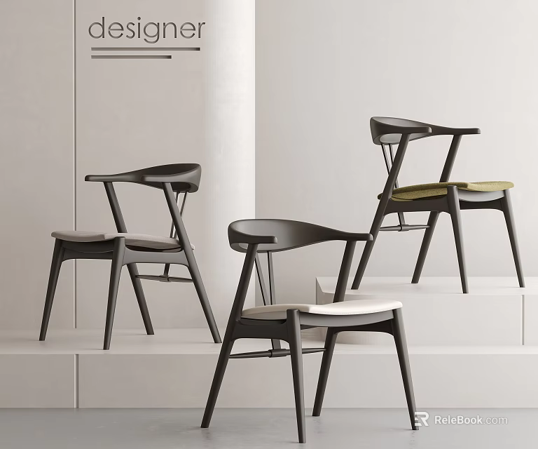 Modern Designer Single Chair Display With Black Frame And Colored Seats On White Steps 3d model 