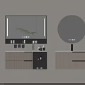 Modern Bathroom Vanity With Round Mirror Wooden Cabinet And Decorative Plant
