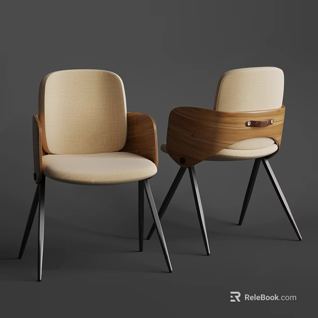 Modern Accent Chairs With Wooden Armrests Beige Fabric Cushions And Black Metal Legs 3d model 