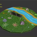 Miniature Landscape Scene With Green Grass Blue River Stones Flowers And Bench