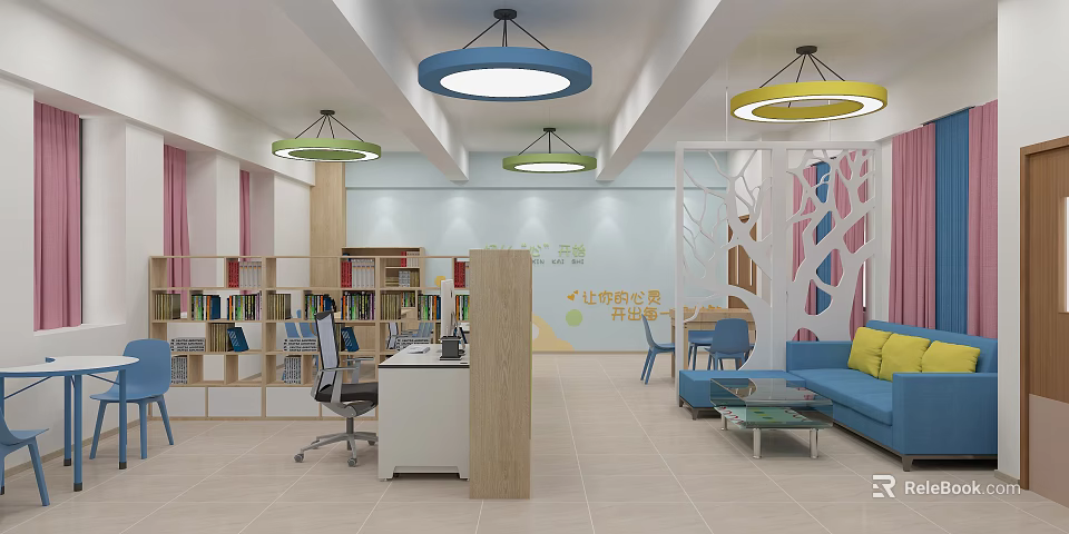 Practical Shoe Bench In Kids Activity Center With Colorful Pendant Lights And Bookshelves 3d model 