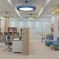 Practical Shoe Bench In Kids Activity Center With Colorful Pendant Lights And Bookshelves