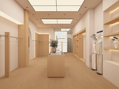 Modern Clothing Store Interior With Wooden Display Counter Mannequins Clothing Racks And White Walls 3d model