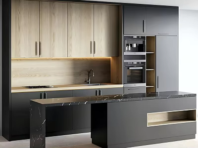 Modern Kitchen Interior Design With Wooden And Black Cabinets And Marble Island Countertop 3d model