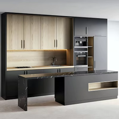Modern Kitchen Interior Design With Wooden And Black Cabinets And Marble Island Countertop 3d model