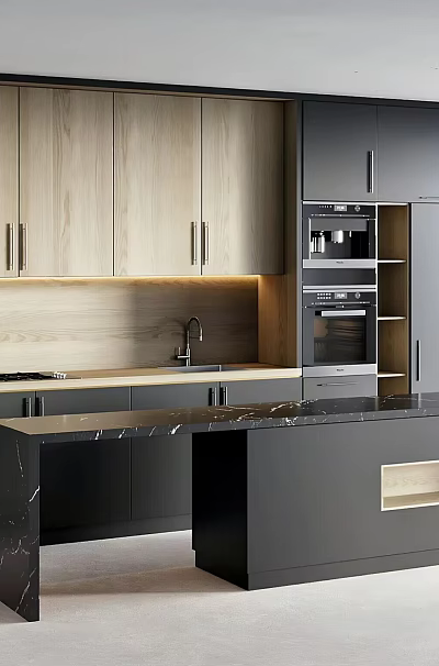 Modern Kitchen Interior Design With Wooden And Black Cabinets And Marble Island Countertop 3d model
