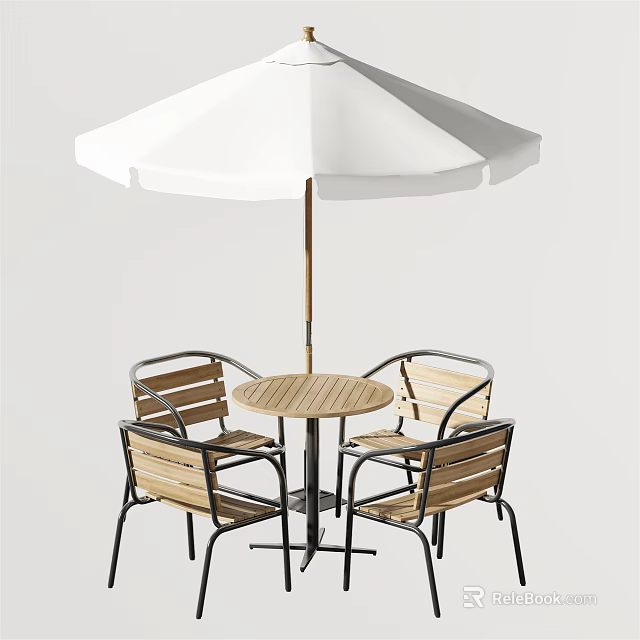 Outdoor Round Wooden Top Table with Four Wooden and Metal Frame Chairs and White Umbrella 3d model 