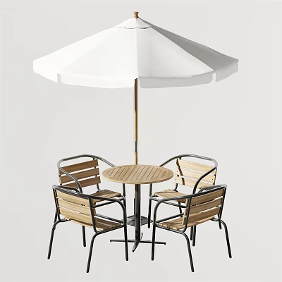 Outdoor Round Wooden Top Table with Four Wooden and Metal Frame Chairs and White Umbrella 3d model
